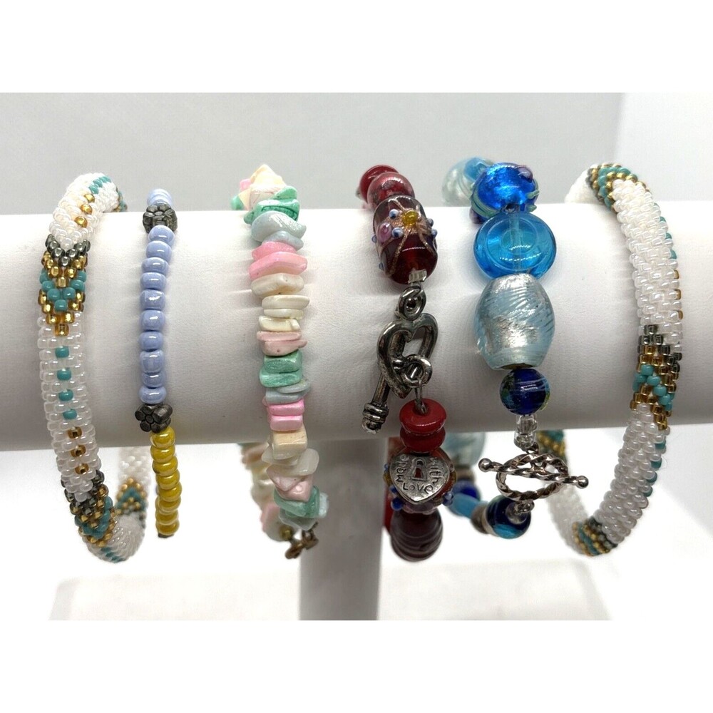 Vintage Lot of 6 Beaded Bracelet Art Glass Seed Bead Shell Flower Heart Stretch